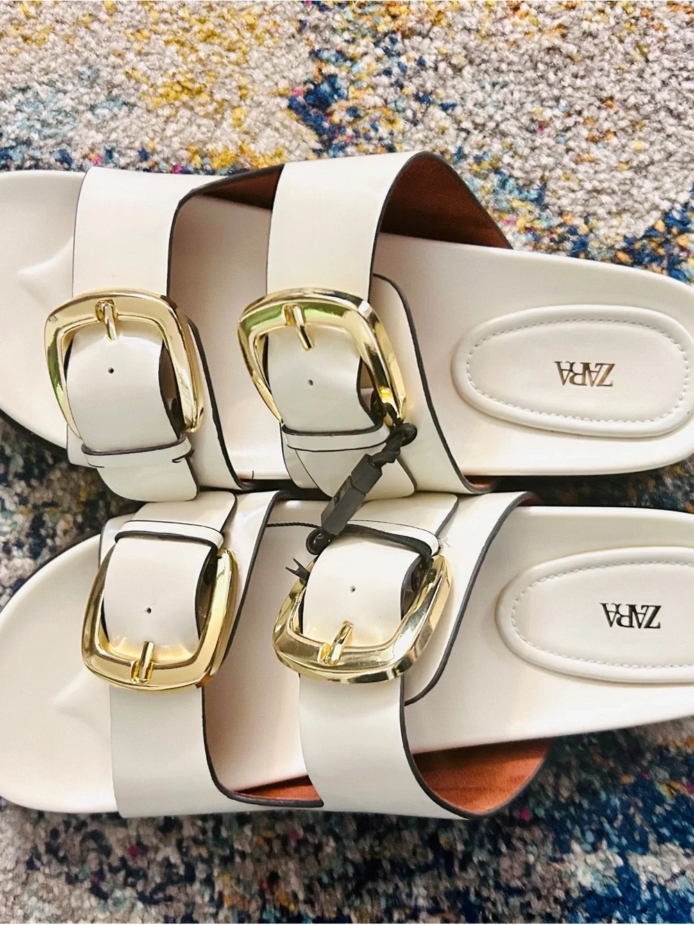 Zara White Double-Strap Slide Sandals with Gold Buckles - Picture 1 of 5
